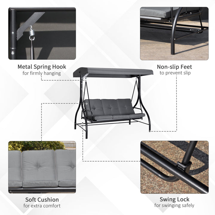 3 Seater Canopy Swing Chair Porch Hammock Heavy Duty 2 in 1 Garden Bench Lounger Bed with Metal Frame - Dark Grey