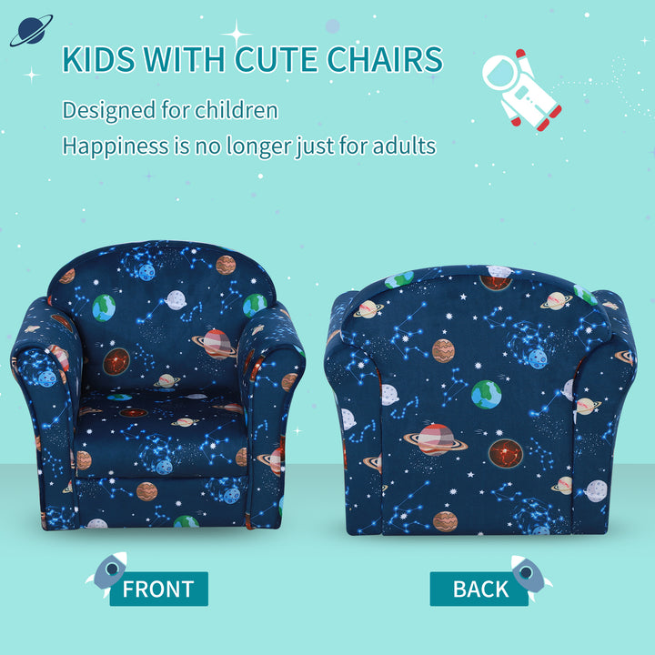 Kids Planet-Themed Armchair, with Non-Slip Feet, Wooden Frame - Blue