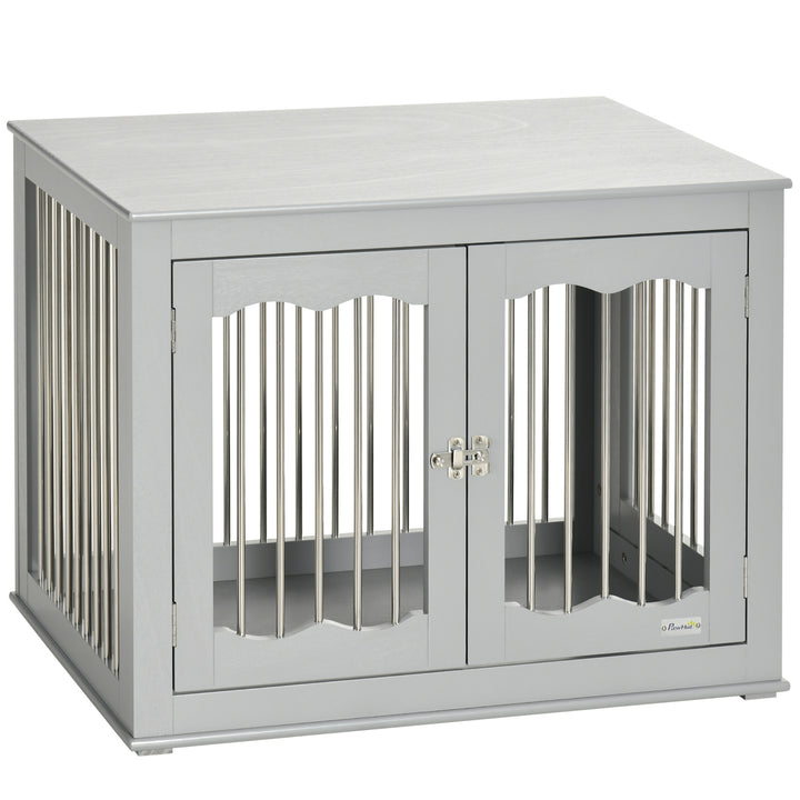 PawHut Dog Crate End Table with Three Doors, Furniture Style Dog Crate for Medium Dogs with Locks & Latches, Grey