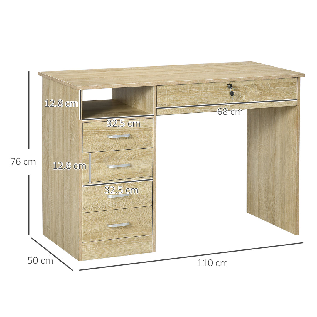 Computer Desk, Home Office Desk with Lockable Drawer, Storage Shelf for Study Bedroom, 110 x 50 x 76 cm, Oak