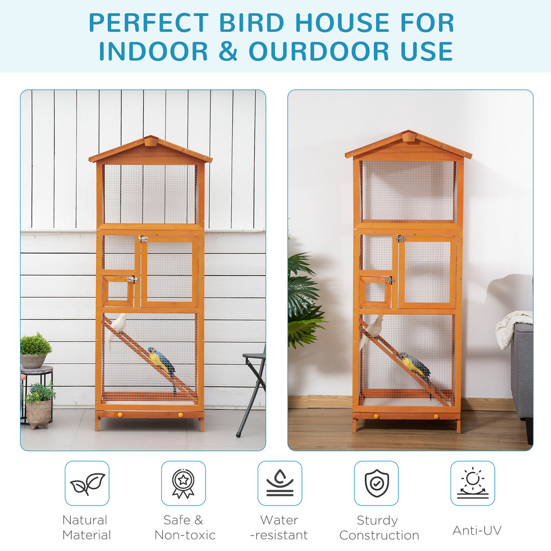 Wooden Bird Aviary Cages Outdoor Finches Birdcage with Pull Out Tray 2 Doors, Orange