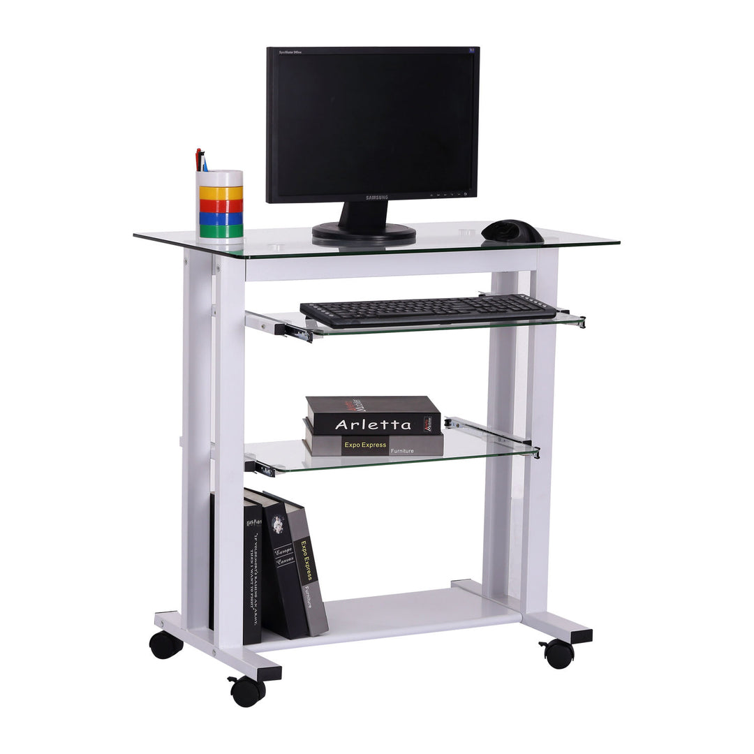 Computer Desk Glass Table Workstation Laptop pc desk mobile  with wheels White