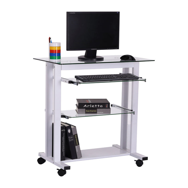 Computer Desk Glass Table Workstation Laptop pc desk mobile  with wheels White