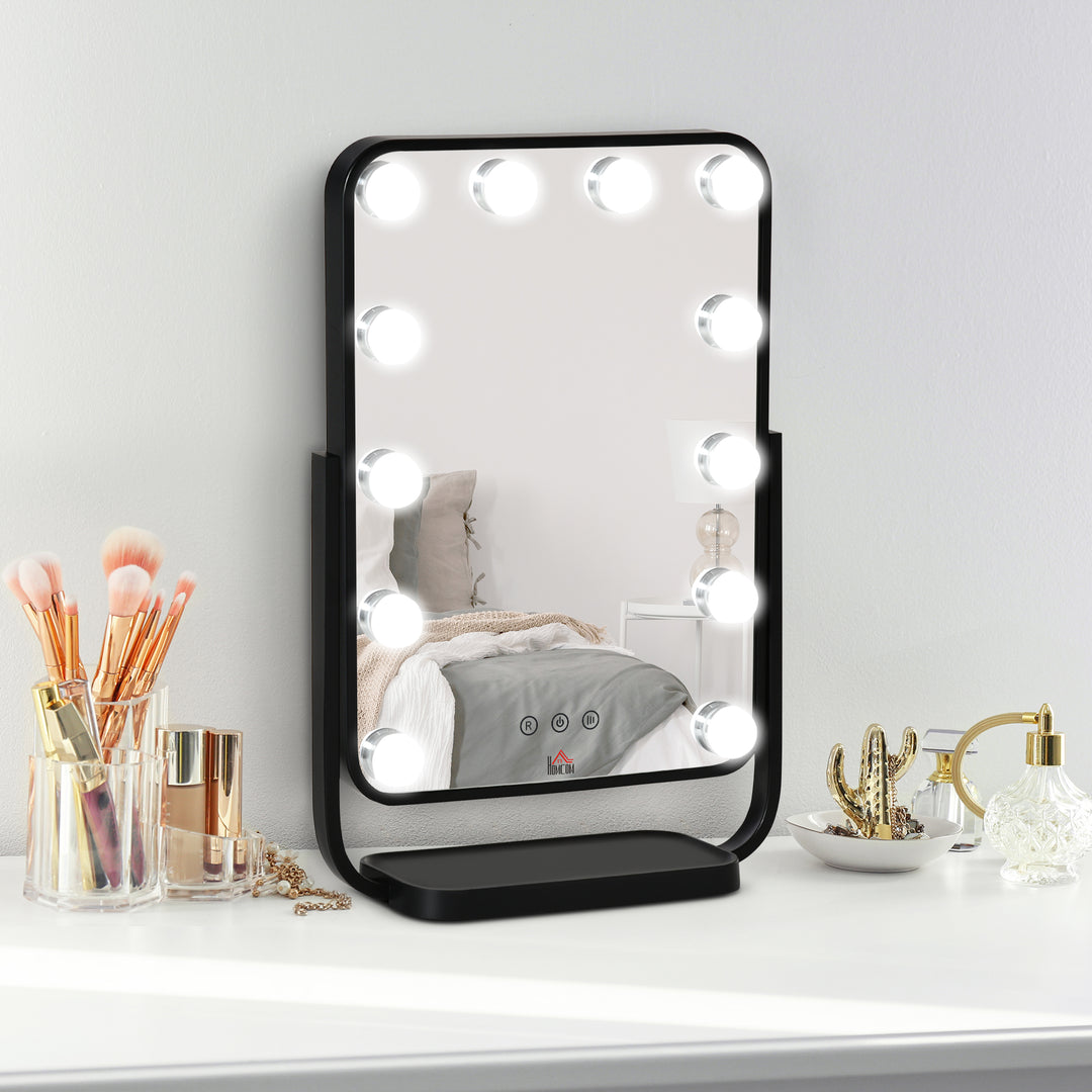 Hollywood Makeup Mirror with LED Lights, Tabletop Vanity Mirror with 12 Dimmable LED Bulbs, Memory Function and Metal Frame, Black