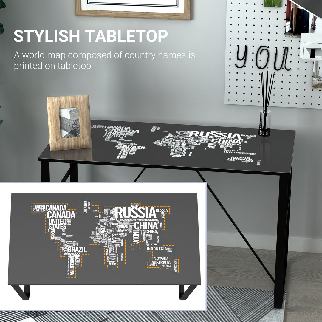 Glass Top Writing Desk with World Map Printing Working Station Home Office Table Gaming Desk Metal Frame Easy Assembly, Black