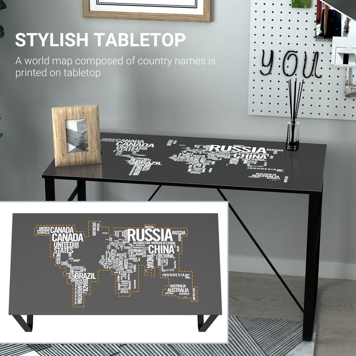 Glass Top Writing Desk with World Map Printing Working Station Home Office Table Gaming Desk Metal Frame Easy Assembly, Black