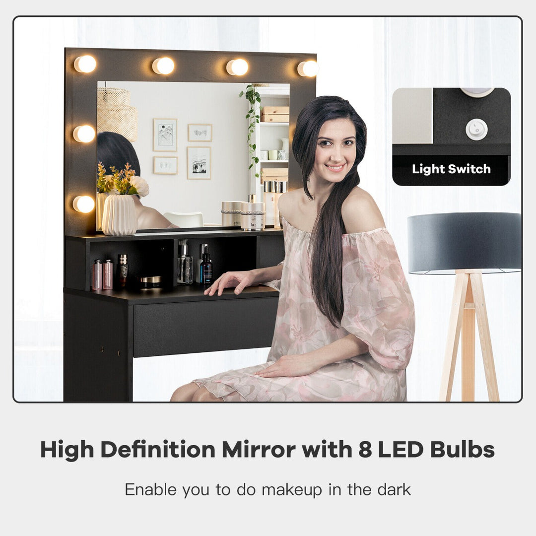 Modern Dressing Table Set with LED Lights Mirror and Drawer-Black