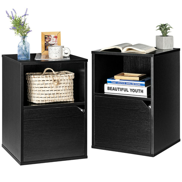 Set of 2 Wooden Bedside Tables with Open Shelf and Door-Black