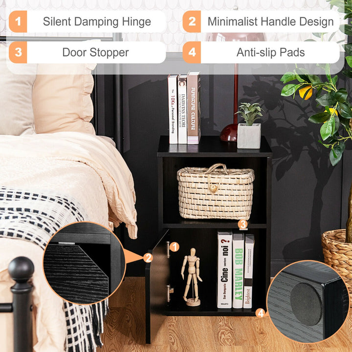 Set of 2 Wooden Bedside Tables with Open Shelf and Door-Black