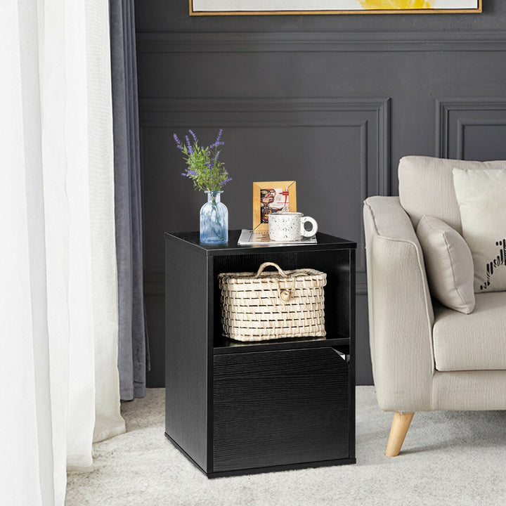 Set of 2 Wooden Bedside Tables with Open Shelf and Door-Black