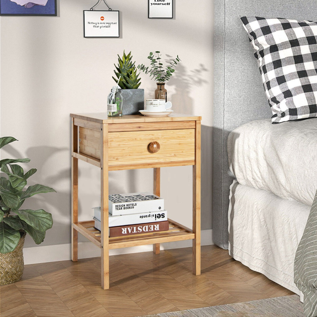 Bamboo Nightstand Bedside Table with Drawer and Open Storage Shelf-Natural