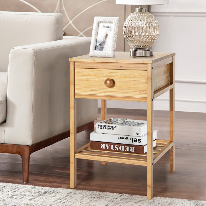 Bamboo Nightstand Bedside Table with Drawer and Open Storage Shelf-Natural