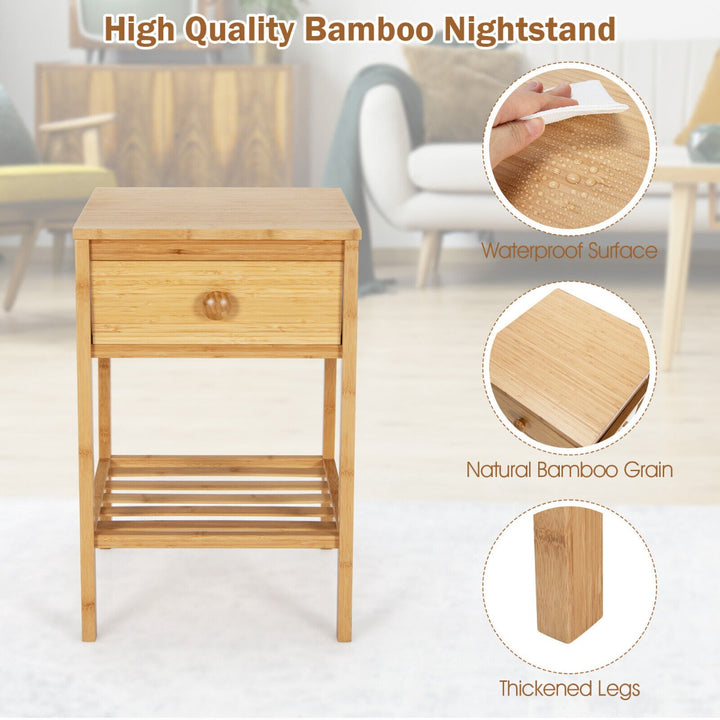 Bamboo Nightstand Bedside Table with Drawer and Open Storage Shelf-Natural