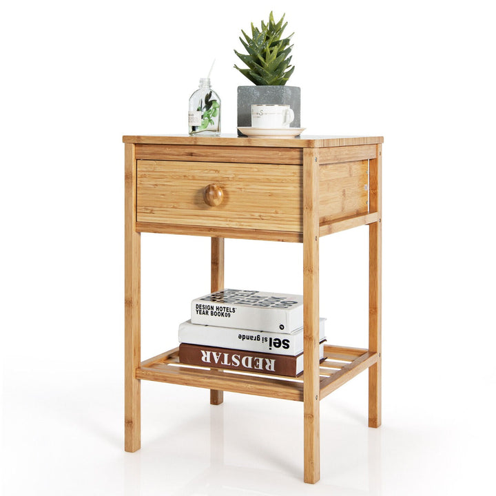 Bamboo Nightstand Bedside Table with Drawer and Open Storage Shelf-Natural