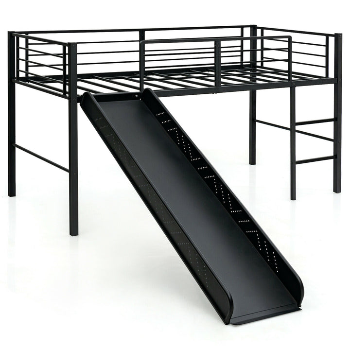 Sliding Loft Children Single Bed with Stairs and Safety Guardrails-Black