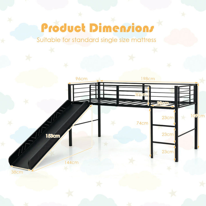 Sliding Loft Children Single Bed with Stairs and Safety Guardrails-Black