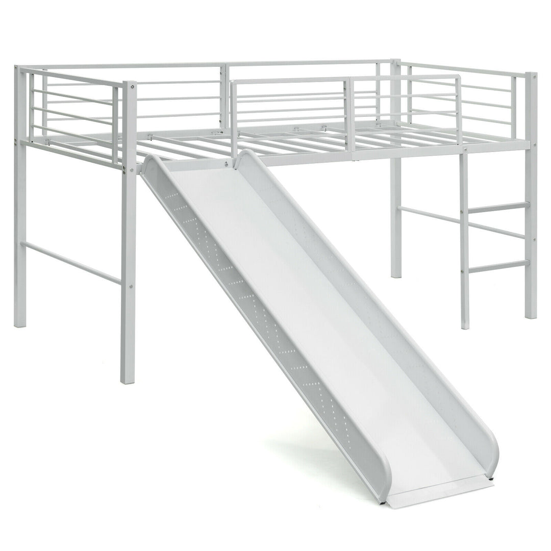 Sliding Loft Children Single Bed with Stairs and Safety Guardrails-White