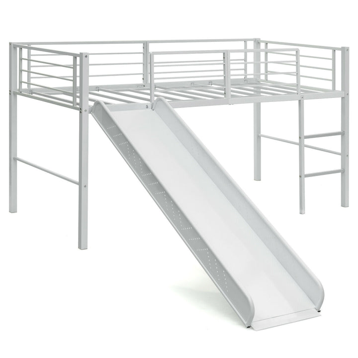 Sliding Loft Children Single Bed with Stairs and Safety Guardrails-White