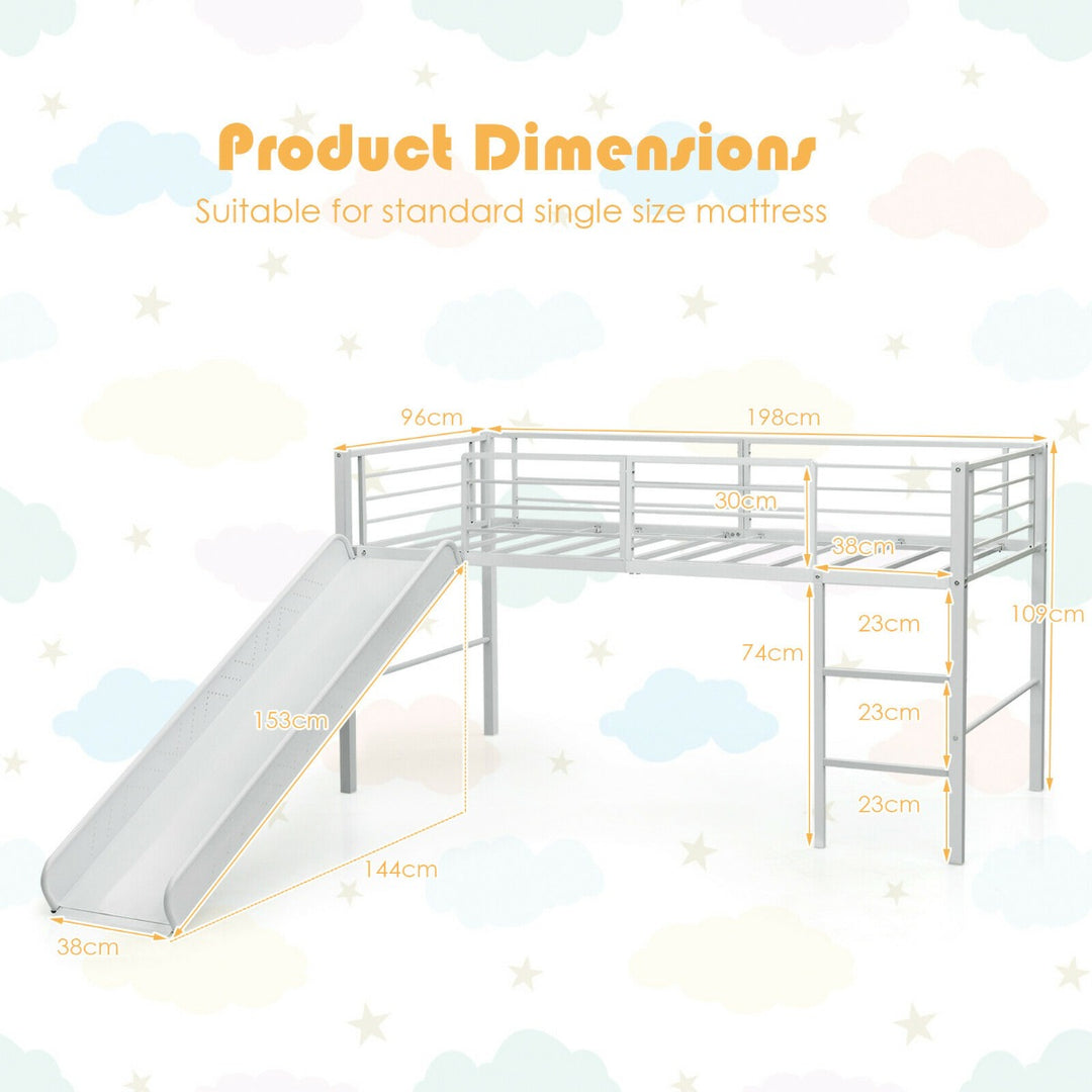 Sliding Loft Children Single Bed with Stairs and Safety Guardrails-White