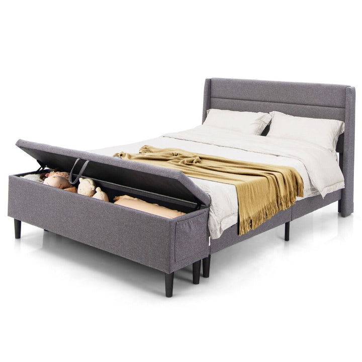 Upholstered Double Bed Frame with Ottoman Bench and Headboard-Grey