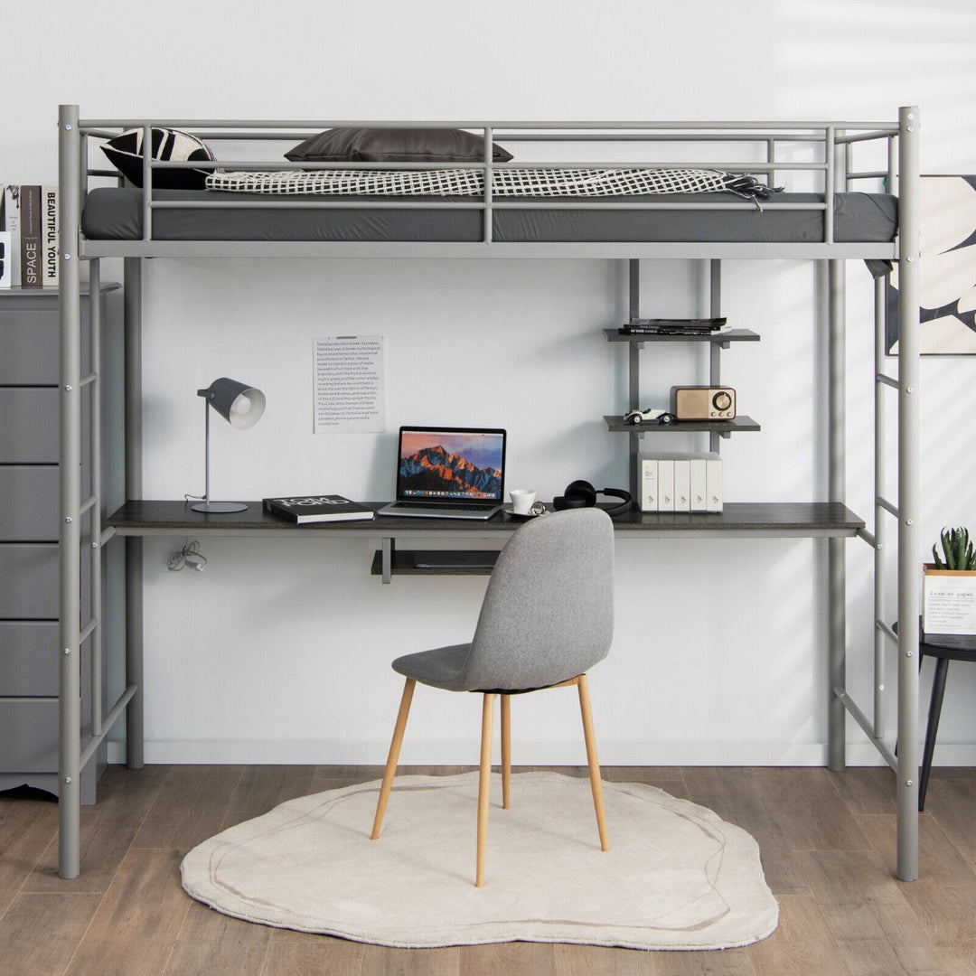 Metal Bunk Bed Frame High Sleeper with Desk and Storage Shelves-Silver