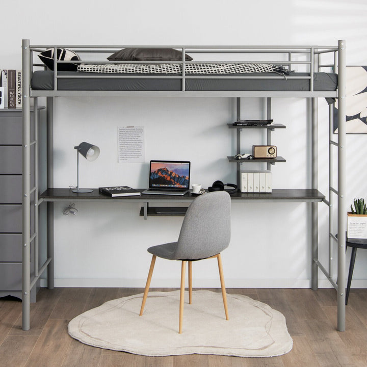 Metal Bunk Bed Frame High Sleeper with Desk and Storage Shelves-Silver
