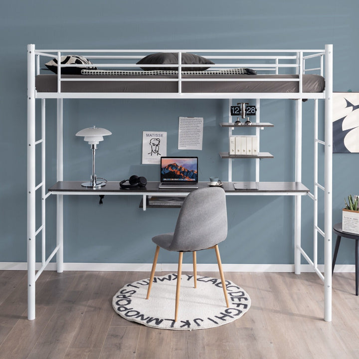 Metal Bunk Bed Frame High Sleeper with Desk and Storage Shelves-White