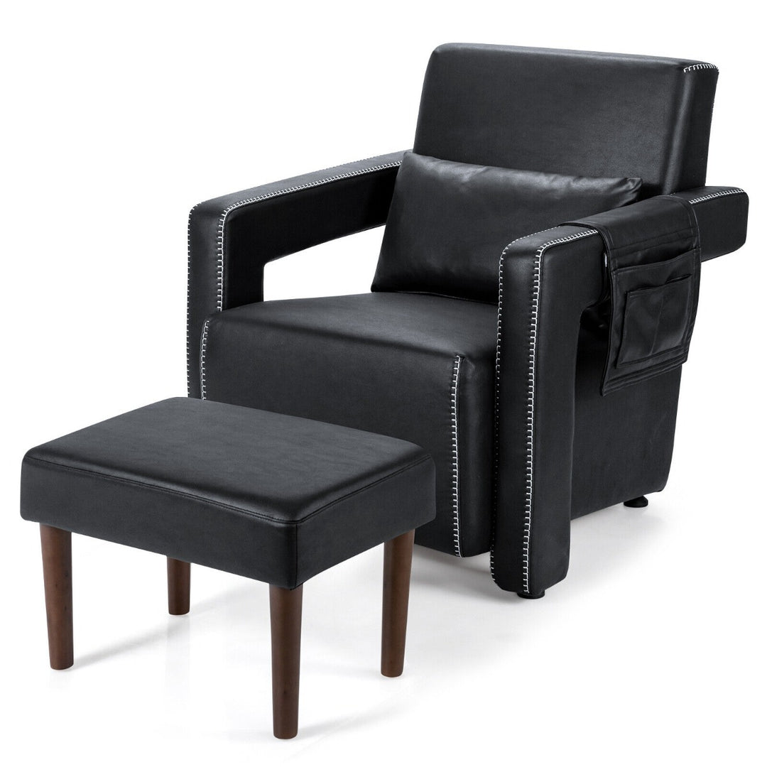 Upholstered Padded Accent Chair with Footstool- Black
