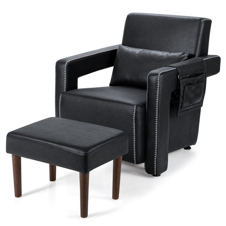 Upholstered Padded Accent Chair with Footstool- Black