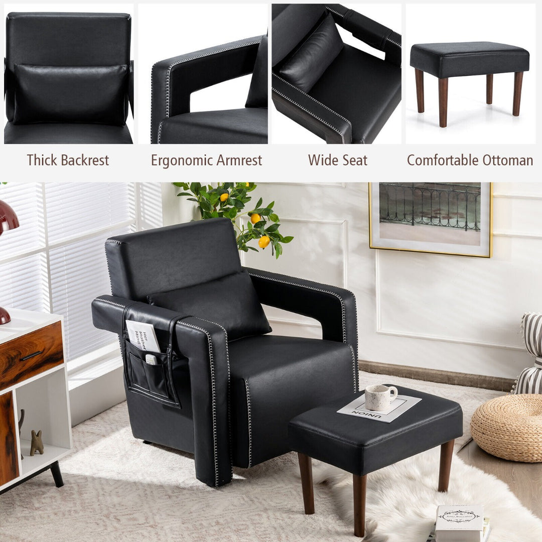 Upholstered Padded Accent Chair with Footstool- Black