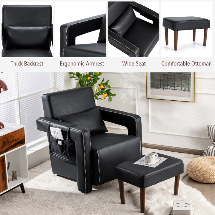 Upholstered Padded Accent Chair with Footstool- Black