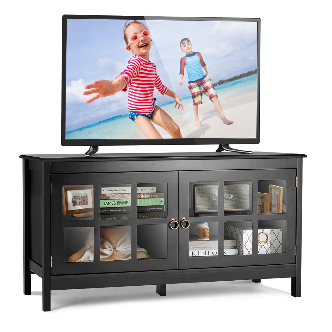 Modern Wooden TV Stand with Tempered Glass Doors-Black