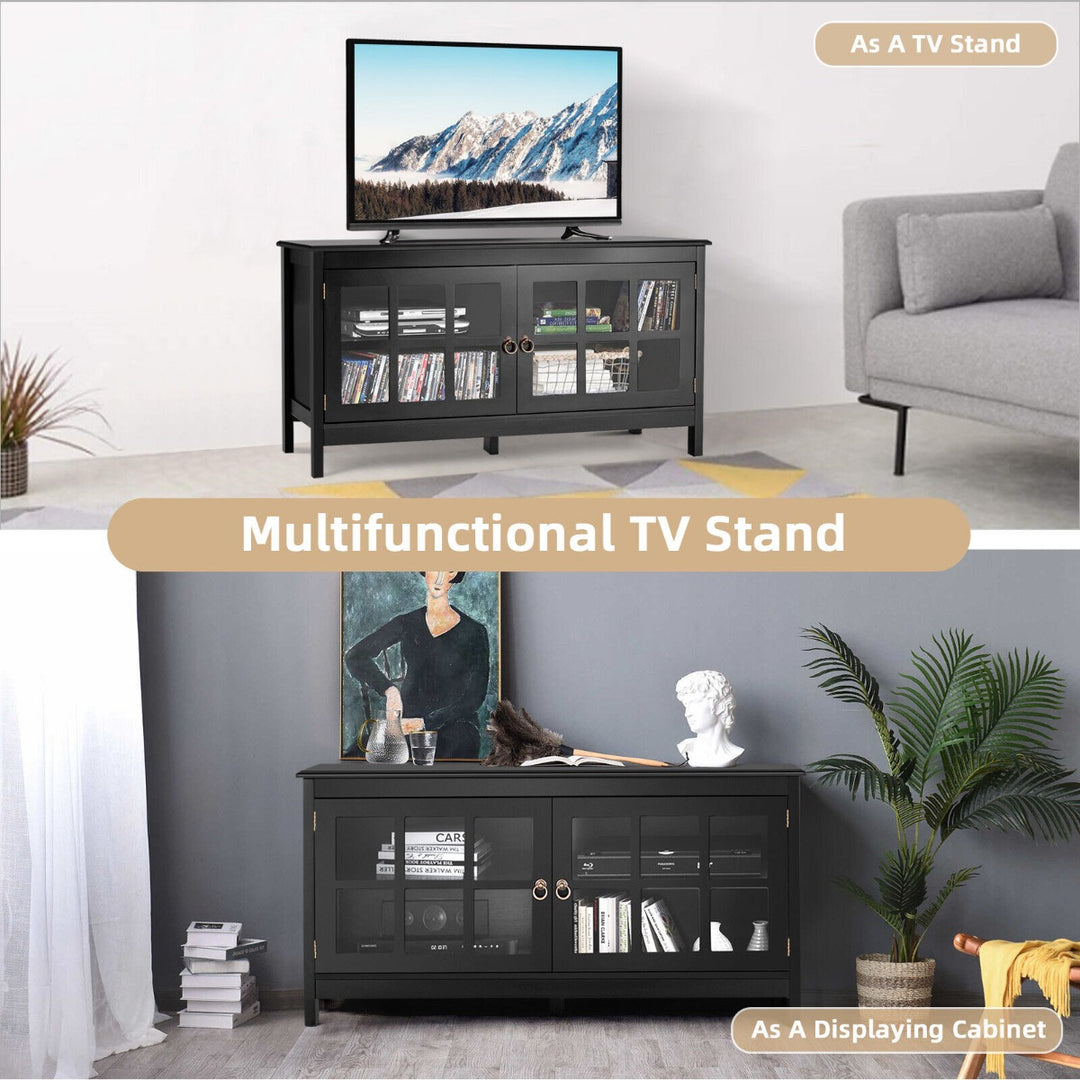 Modern Wooden TV Stand with Tempered Glass Doors-Black