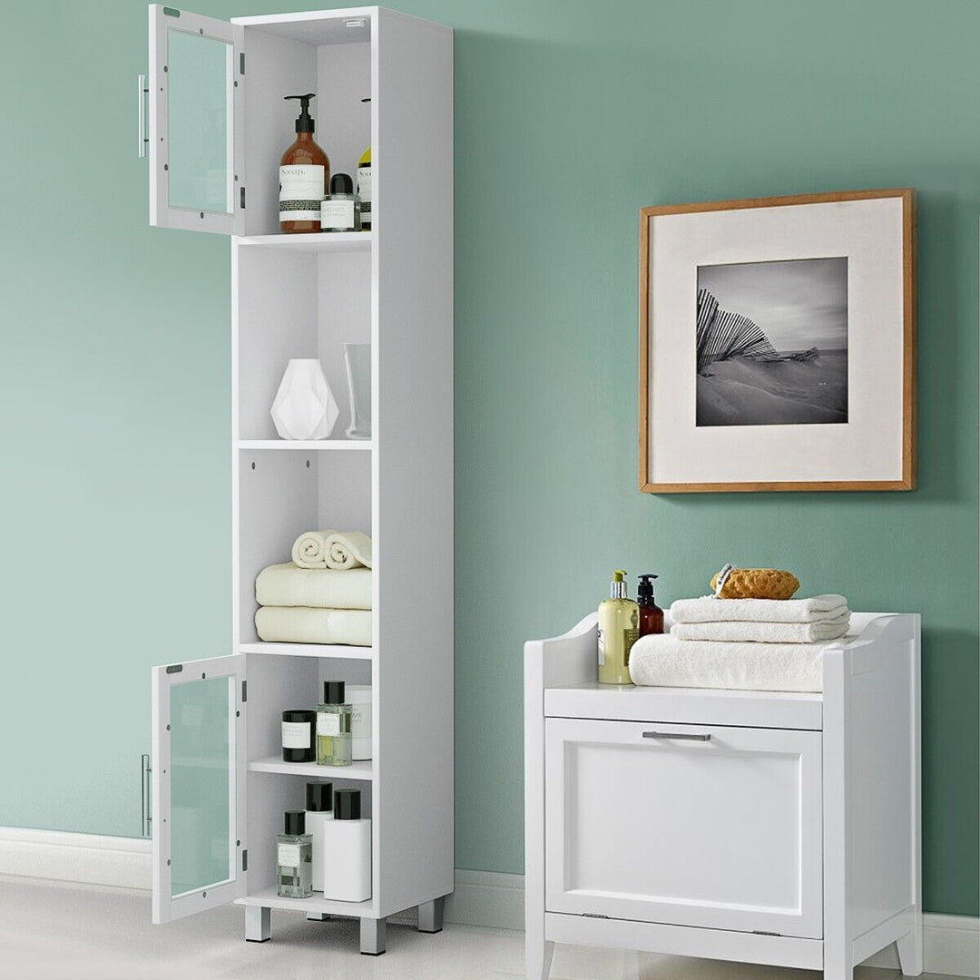 Freestanding Slim Wooden Bathroom Cabinet- White