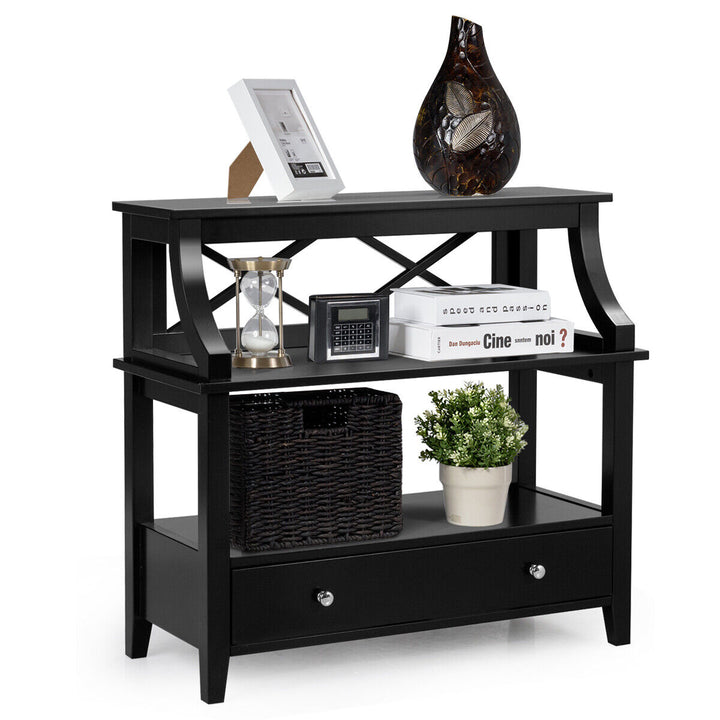 3 Tier Console Table with a Large Drawer for Living Room-Black