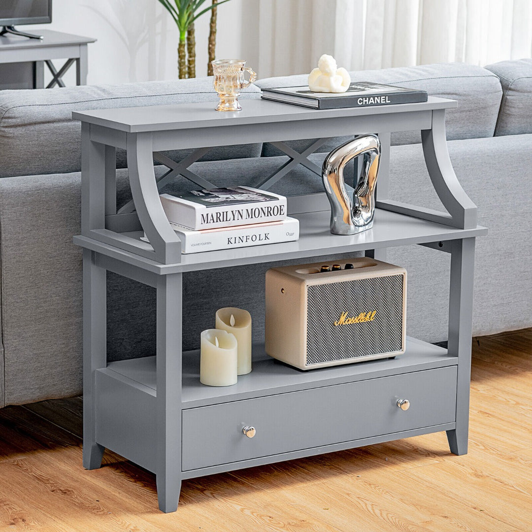 3-Tier X-Shaped Console Table with Drawer and Open Storage Shelves-Grey