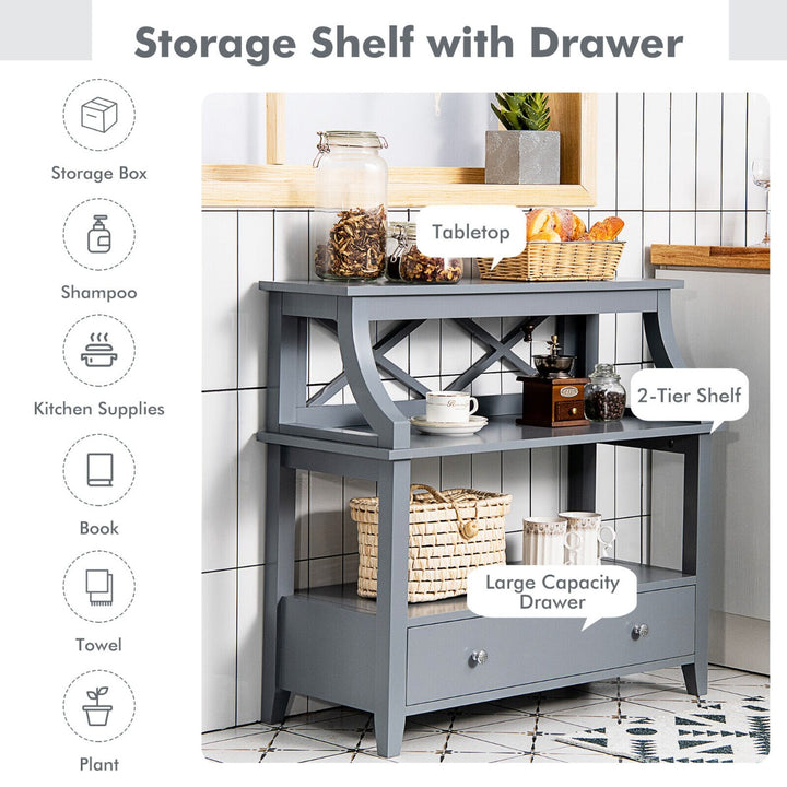 3-Tier X-Shaped Console Table with Drawer and Open Storage Shelves-Grey