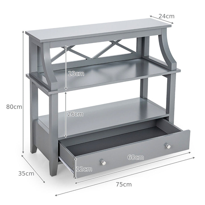 3-Tier X-Shaped Console Table with Drawer and Open Storage Shelves-Grey
