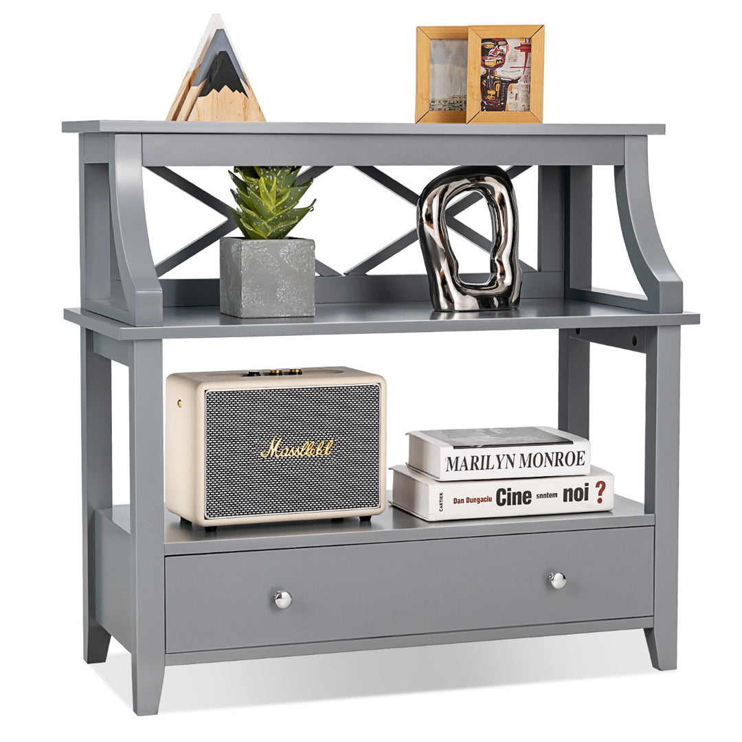 3-Tier X-Shaped Console Table with Drawer and Open Storage Shelves-Grey