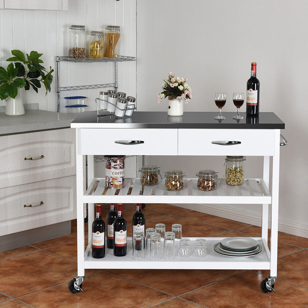 Rolling Kitchen Storage Trolley with 2 Drawers and Towel Bar-White