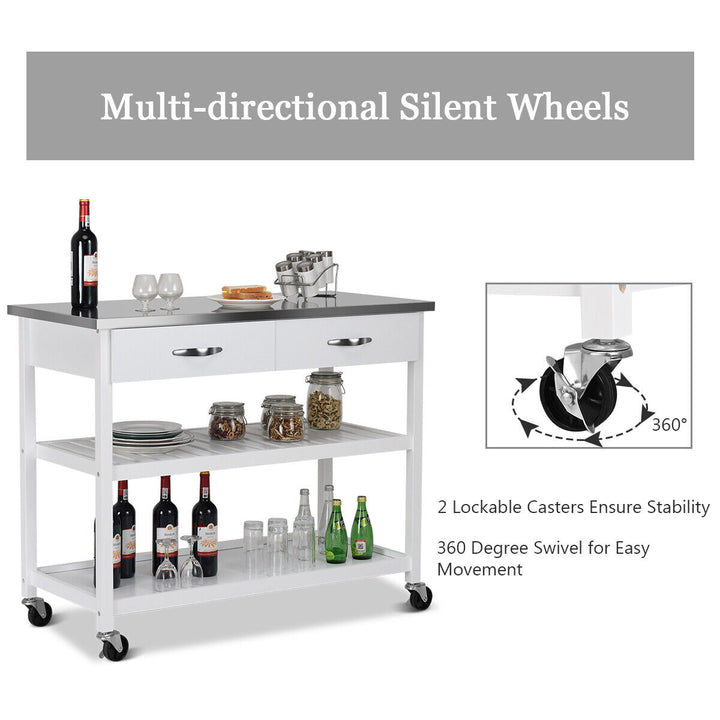 Rolling Kitchen Storage Trolley with 2 Drawers and Towel Bar-White