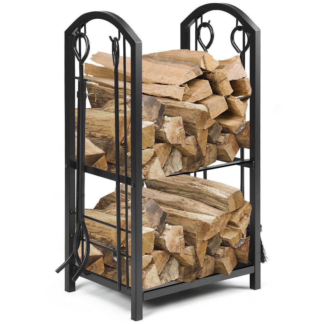 Firewood Log Rack with 4 Pieces Fireplace Tools-Black