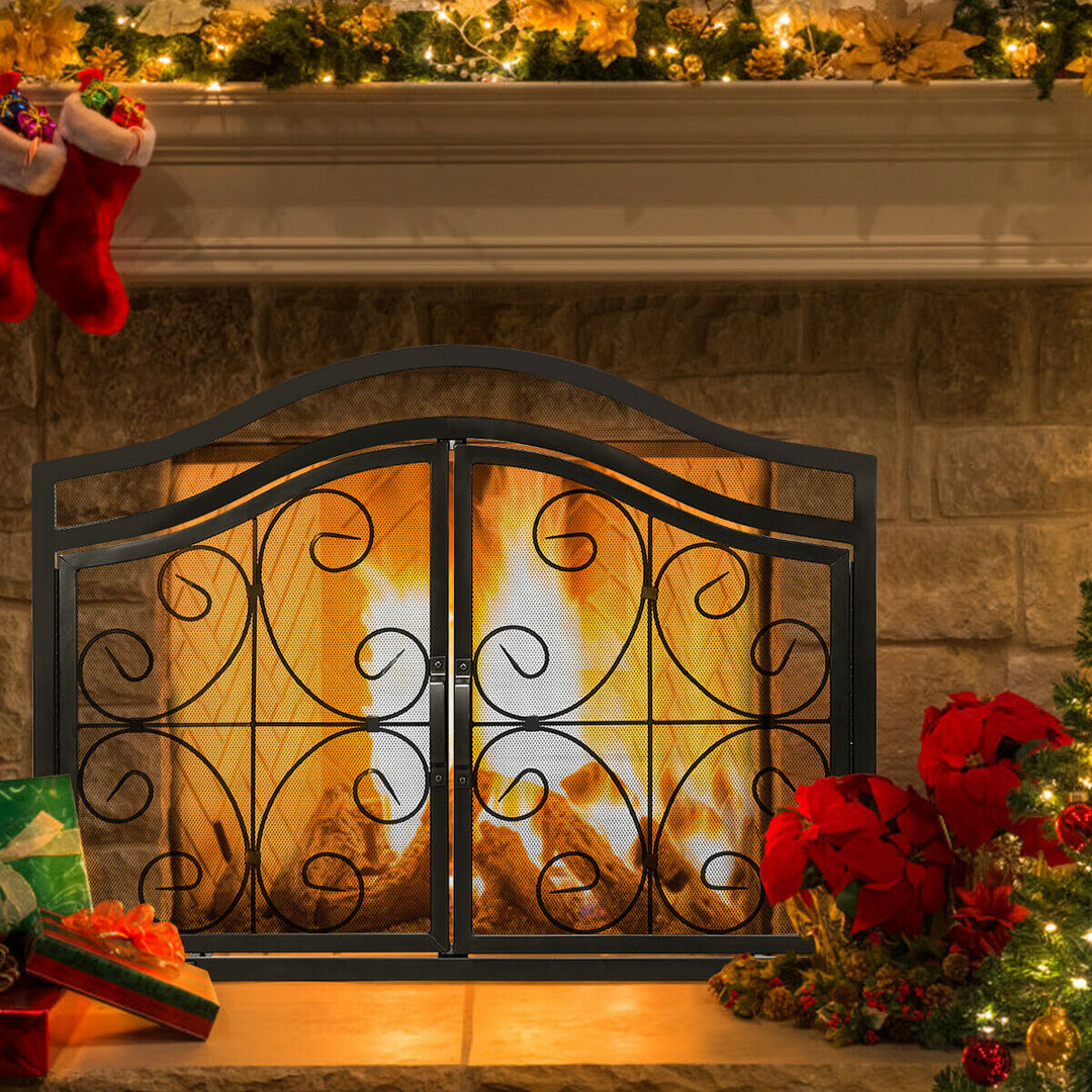 Fireplace Screen with Magnetic Doors for Wood and Coal