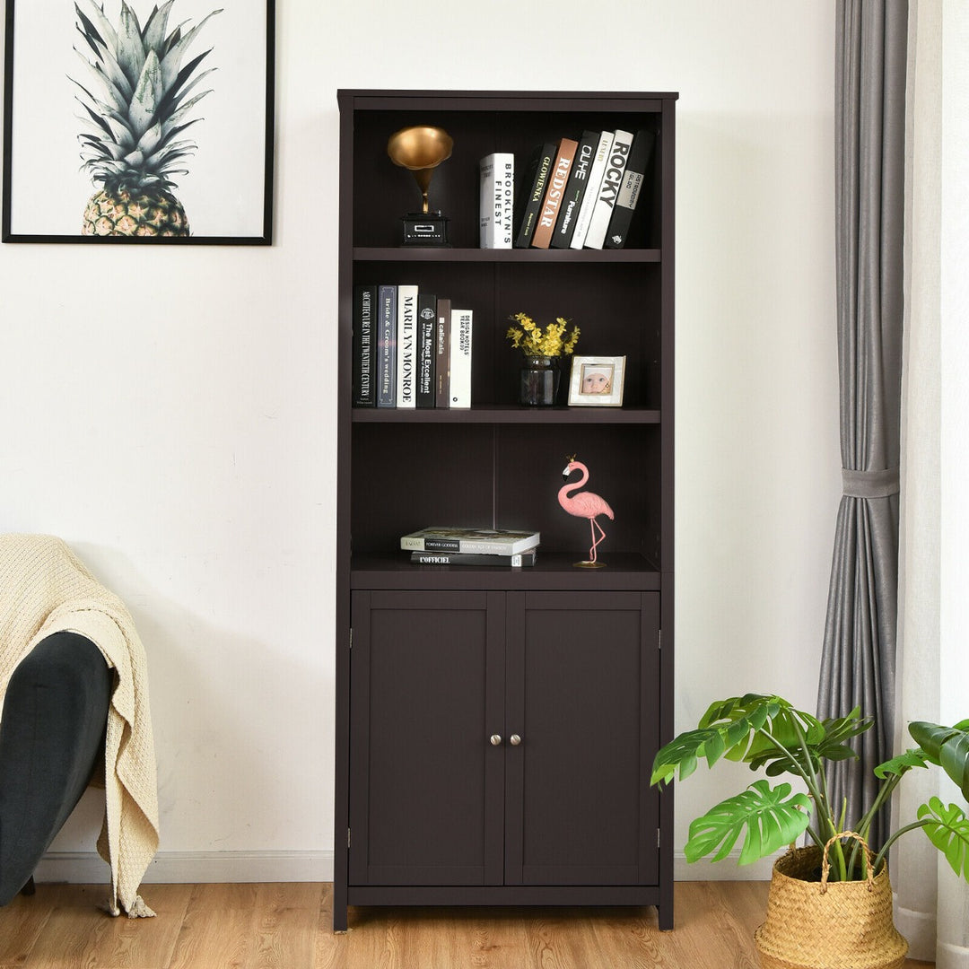 Wooden Tall Bookcase with 3-Tier Storage Cabinet-Coffee