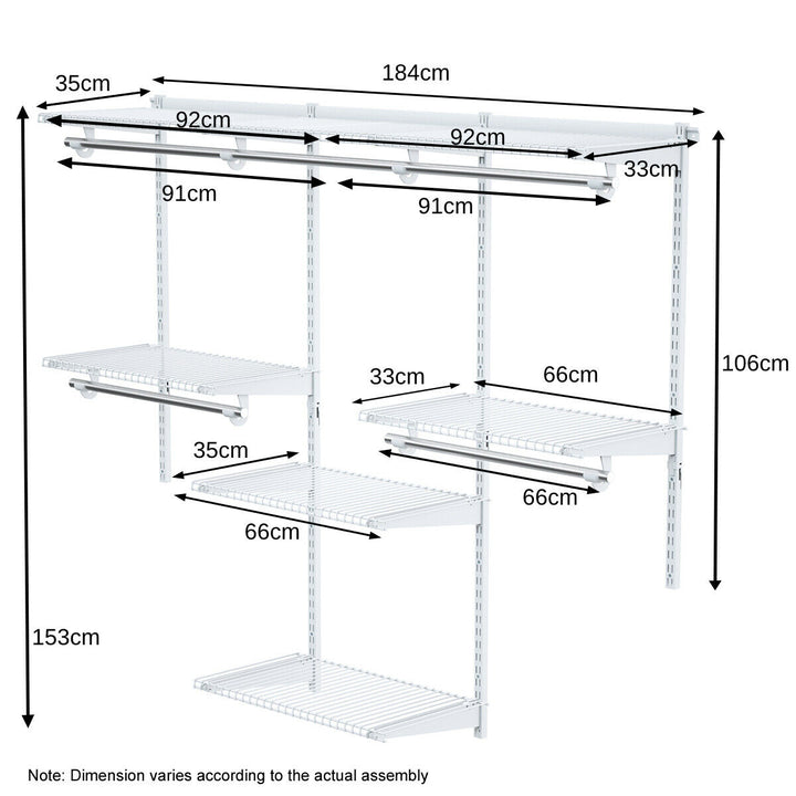 Closet Organiser System with Hanging Rod and Adjustable Metal Rail