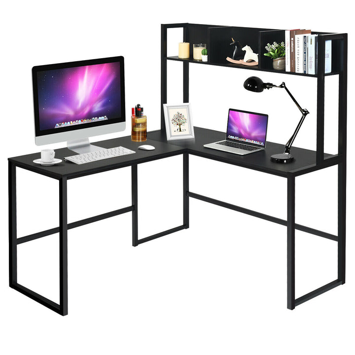 L-Shaped Corner Computer Desk with Storage Bookshelf-Black