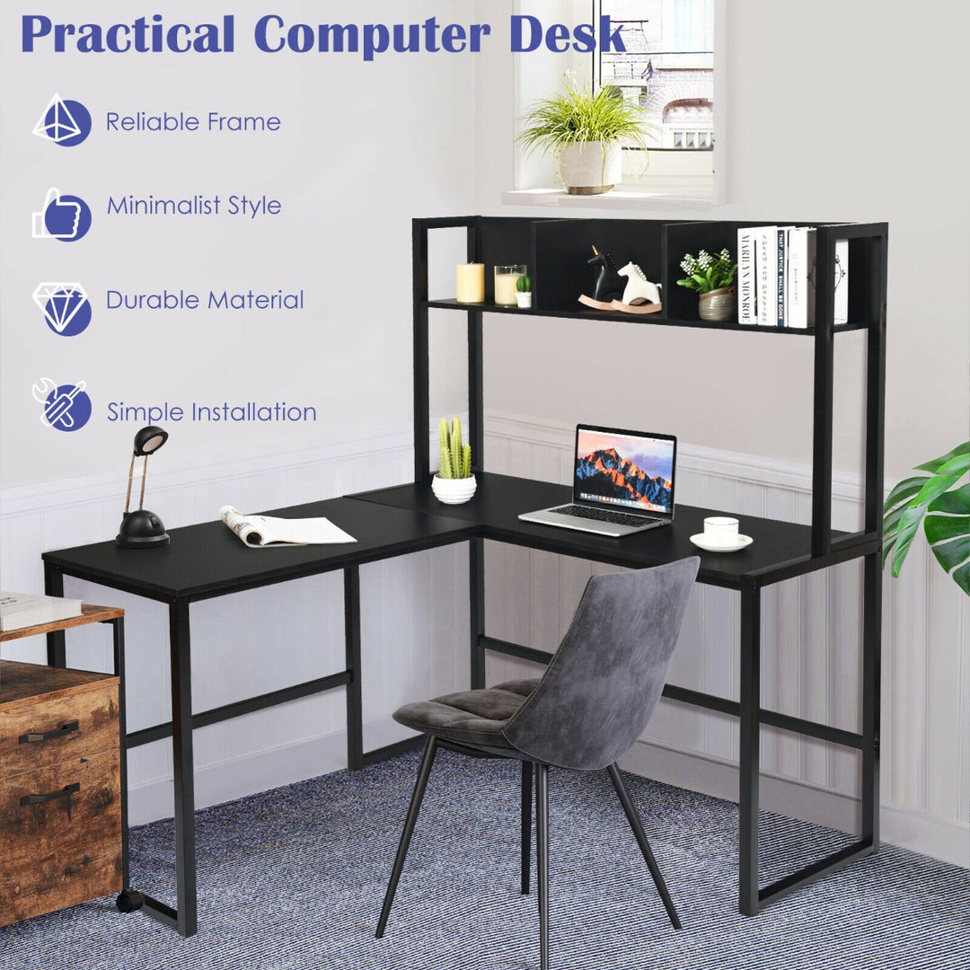 L-Shaped Corner Computer Desk with Storage Bookshelf-Black