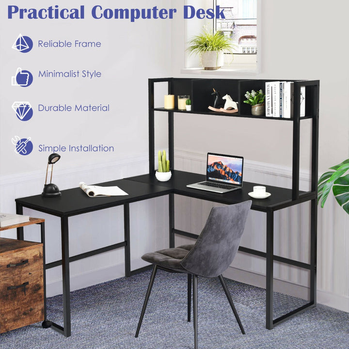 L-Shaped Corner Computer Desk with Storage Bookshelf-Black