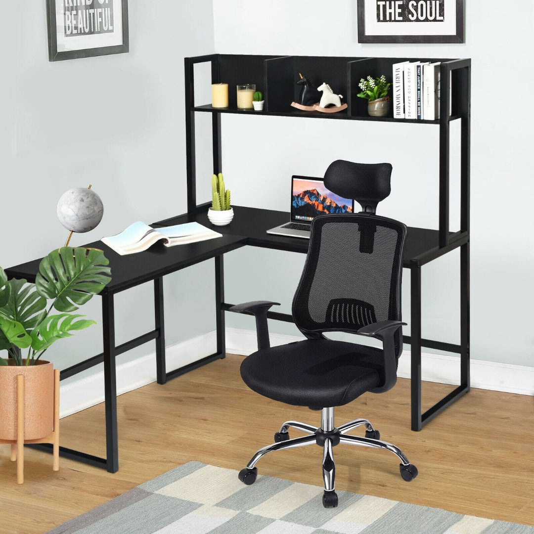 L-Shaped Corner Computer Desk with Storage Bookshelf-Black