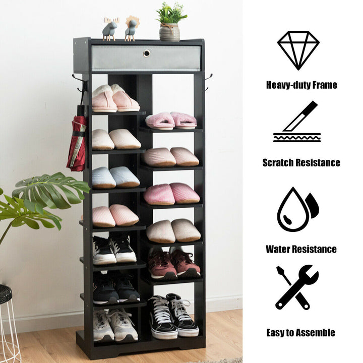 7+6 Tier Wooden Shoe Rack with Drawer and Hooks-Black